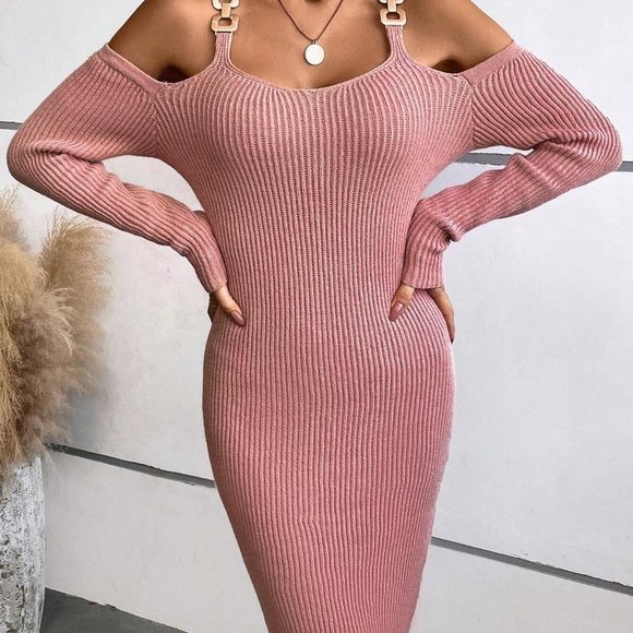 Cold Shoulder Chain Detail Sweater Dress Dusty Pink - Picture 4 of 5